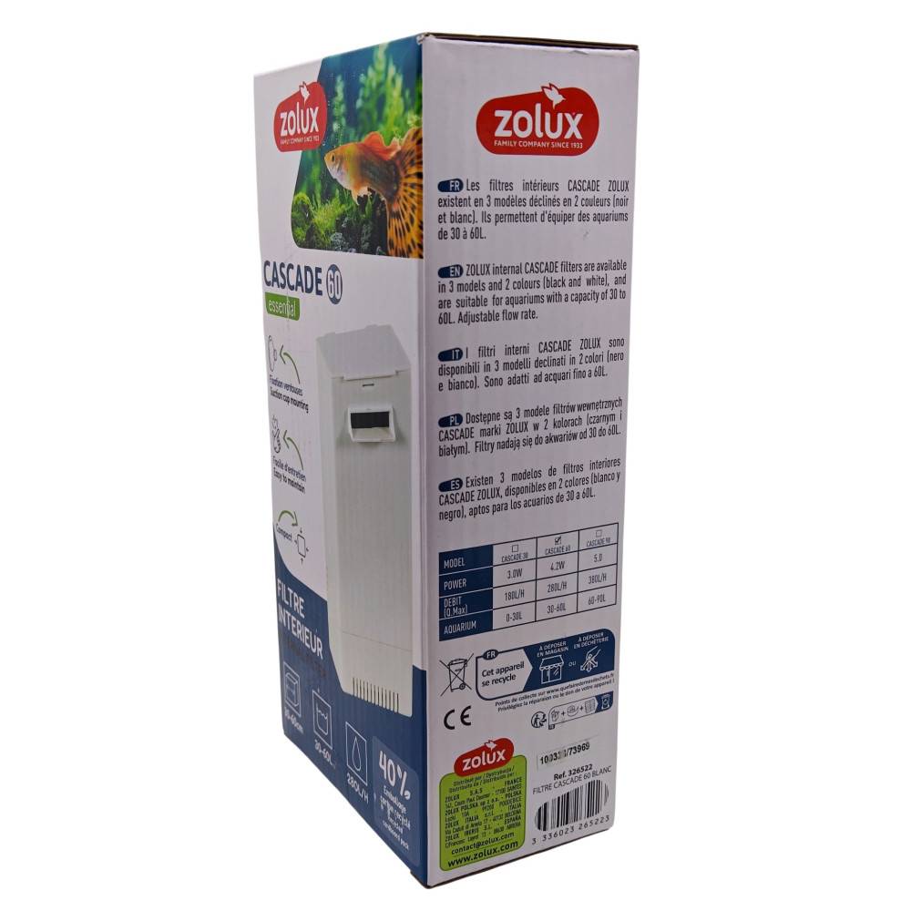 Zolux - Filtration intérieure cascade 60 , 280l/h pour aquarium de 30 à 60l max couleur blanc - Imagen 8
