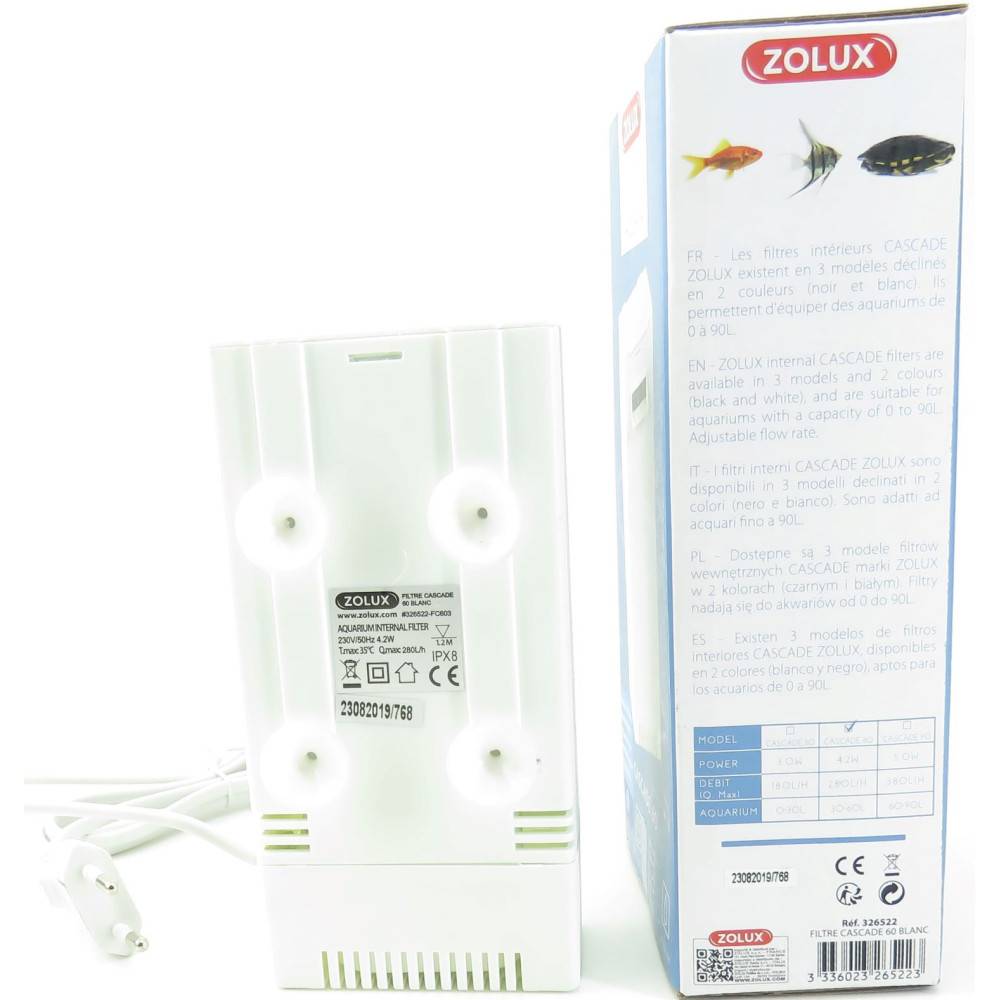 Zolux - Filtration intérieure cascade 60 , 280l/h pour aquarium de 30 à 60l max couleur blanc - Imagen 4