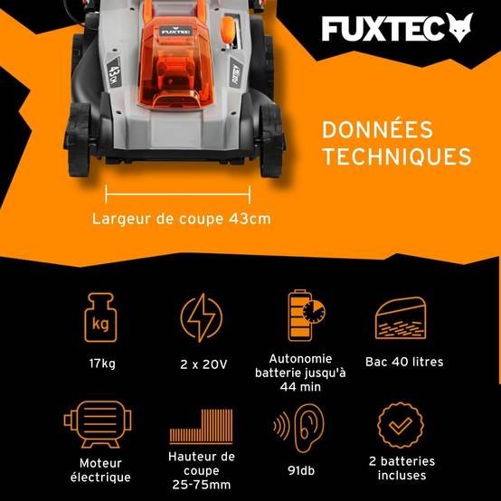 FUXTEC - Tondeuse à gazon sans fil 40 V coupe 43 cm bac 40 L avec 2 batteries 4 Ah FX-E2RM43 - Fuxtec - Image 3