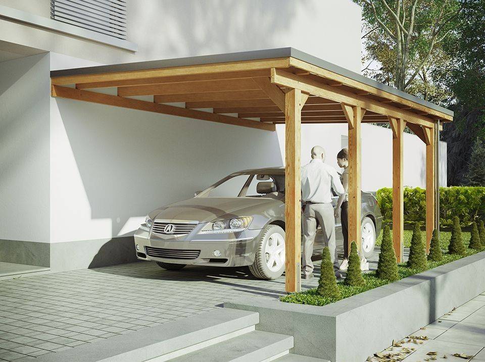 Carport Adosse Bois RIVERSIDE - 1 Voiture - 363 x 703 - Abri Voiture - Feutre Bitumeux sur les Voliges - Toit Plat - Imagen 1