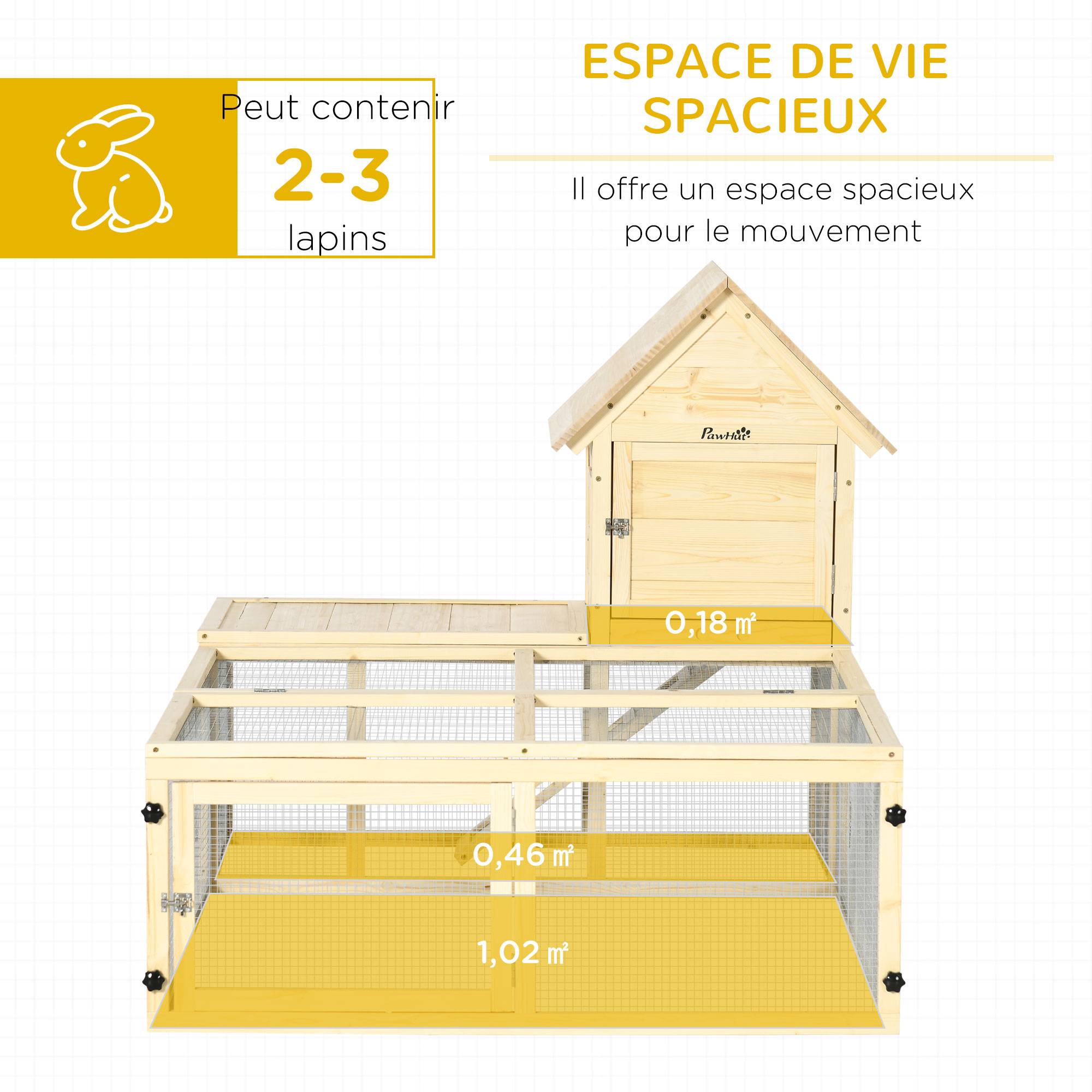 Clapier grand enclos sapin jardin 2 niveaux portes verrouillables 151x106x97cm naturel - ComfortXL Outdoor Living - Image 6