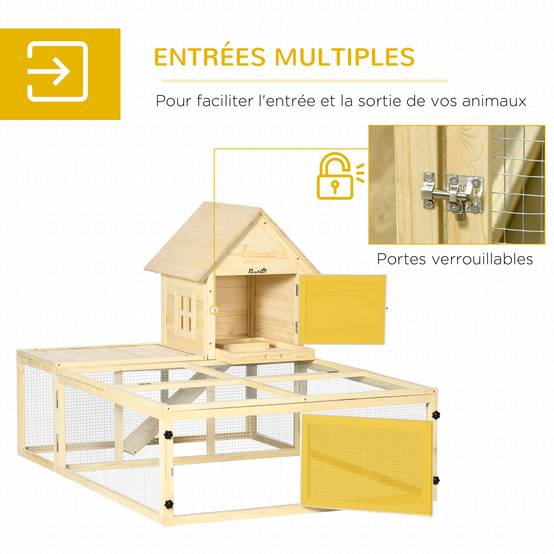 Clapier grand enclos sapin jardin 2 niveaux portes verrouillables 151x106x97cm naturel - ComfortXL Outdoor Living - Image 7
