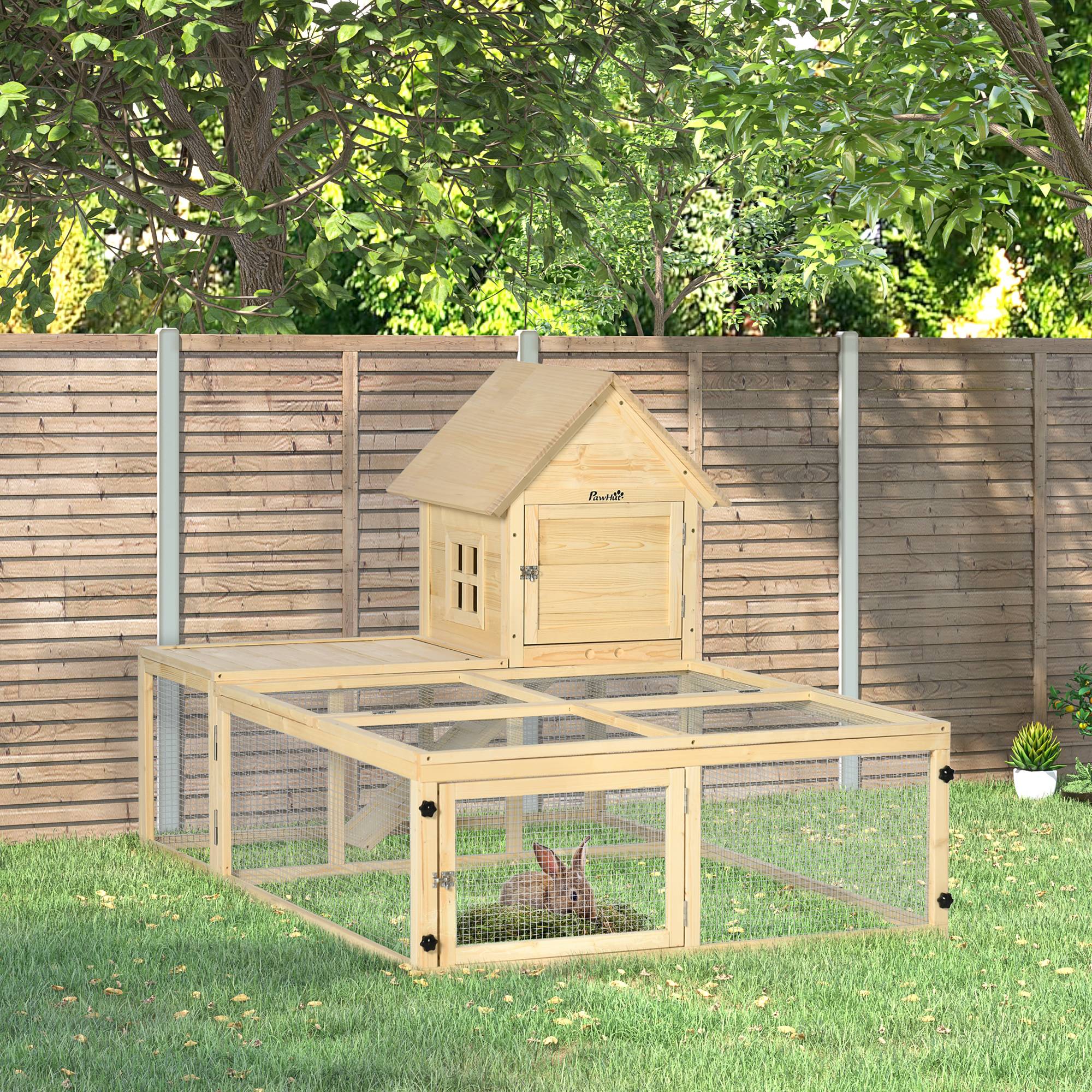 Clapier grand enclos sapin jardin 2 niveaux portes verrouillables 151x106x97cm naturel - ComfortXL Outdoor Living - Image 3