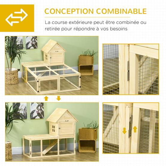 Clapier grand enclos sapin jardin 2 niveaux portes verrouillables 151x106x97cm naturel - ComfortXL Outdoor Living - Image 10