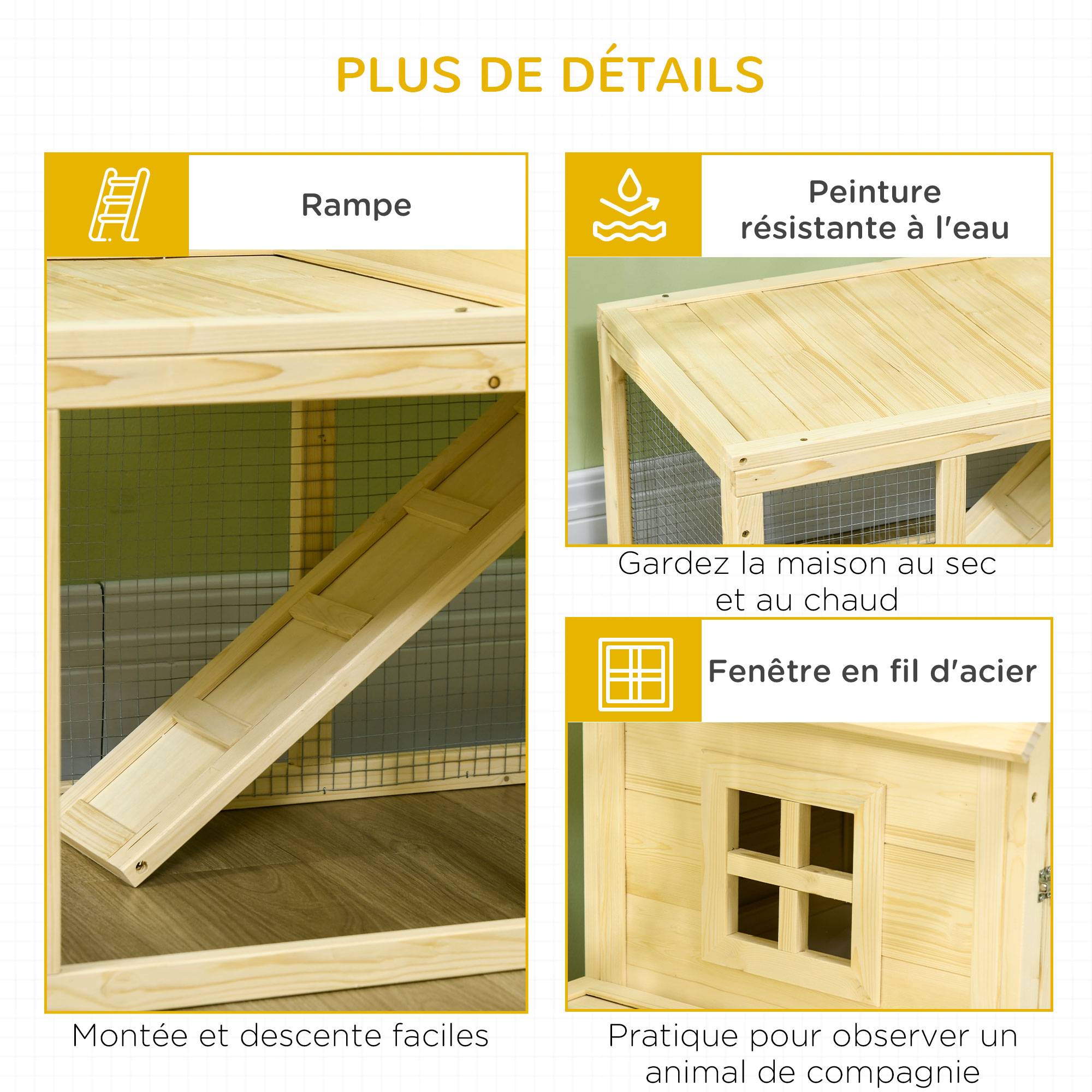 Clapier grand enclos sapin jardin 2 niveaux portes verrouillables 151x106x97cm naturel - ComfortXL Outdoor Living - Image 9