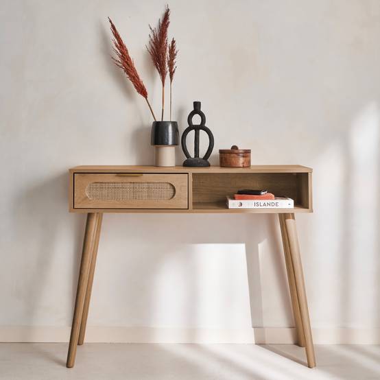 sweeek - Console décor bois et cannage arrondi . Eva. 1 tiroir. 1 niche. pieds scandinaves. L 100 x l 29 x H 81cm | sweeek - Image 1
