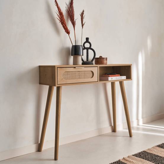 sweeek - Console décor bois et cannage arrondi . Eva. 1 tiroir. 1 niche. pieds scandinaves. L 100 x l 29 x H 81cm | sweeek - Image 3