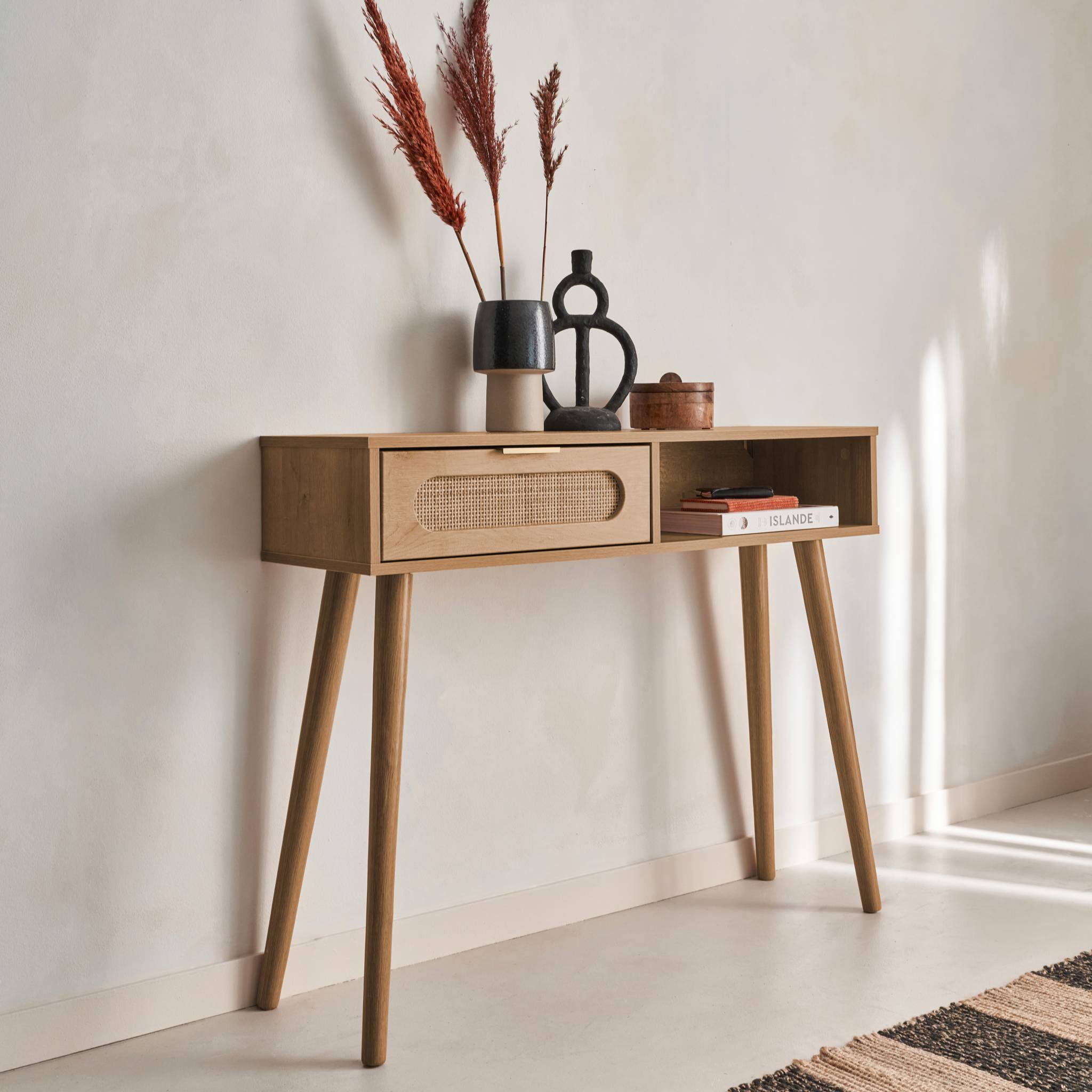 sweeek - Console décor bois et cannage arrondi . Eva. 1 tiroir. 1 niche. pieds scandinaves. L 100 x l 29 x H 81cm | sweeek - Image 3