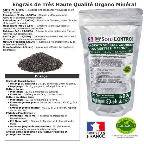 SOLU’CONTROL - 500 g Engrais Spécial Courges, Courgettes et autres cucurbitacées - Formulation haute qualité Organo-Minerale - Image 2