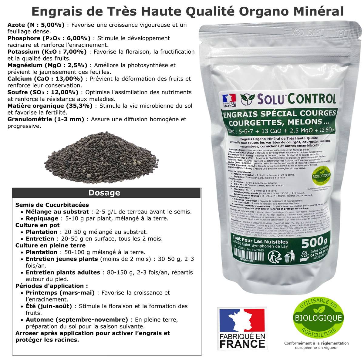SOLU’CONTROL - 500 g Engrais Spécial Courges, Courgettes et autres cucurbitacées - Formulation haute qualité Organo-Minerale - Image 2