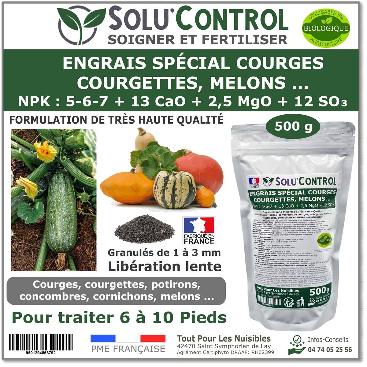 SOLU’CONTROL - 500 g Engrais Spécial Courges, Courgettes et autres cucurbitacées - Formulation haute qualité Organo-Minerale - Image 1
