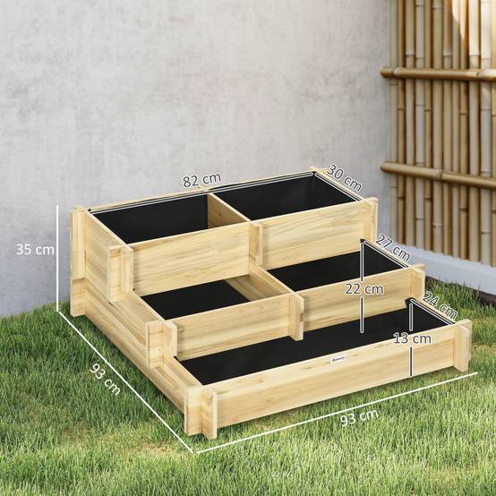 Outsunny Carré Potager En Bois 3 Niveaux Escalier 108x88x36 Cm - Jardinière Extérieure Sans Fond Bois Naturel