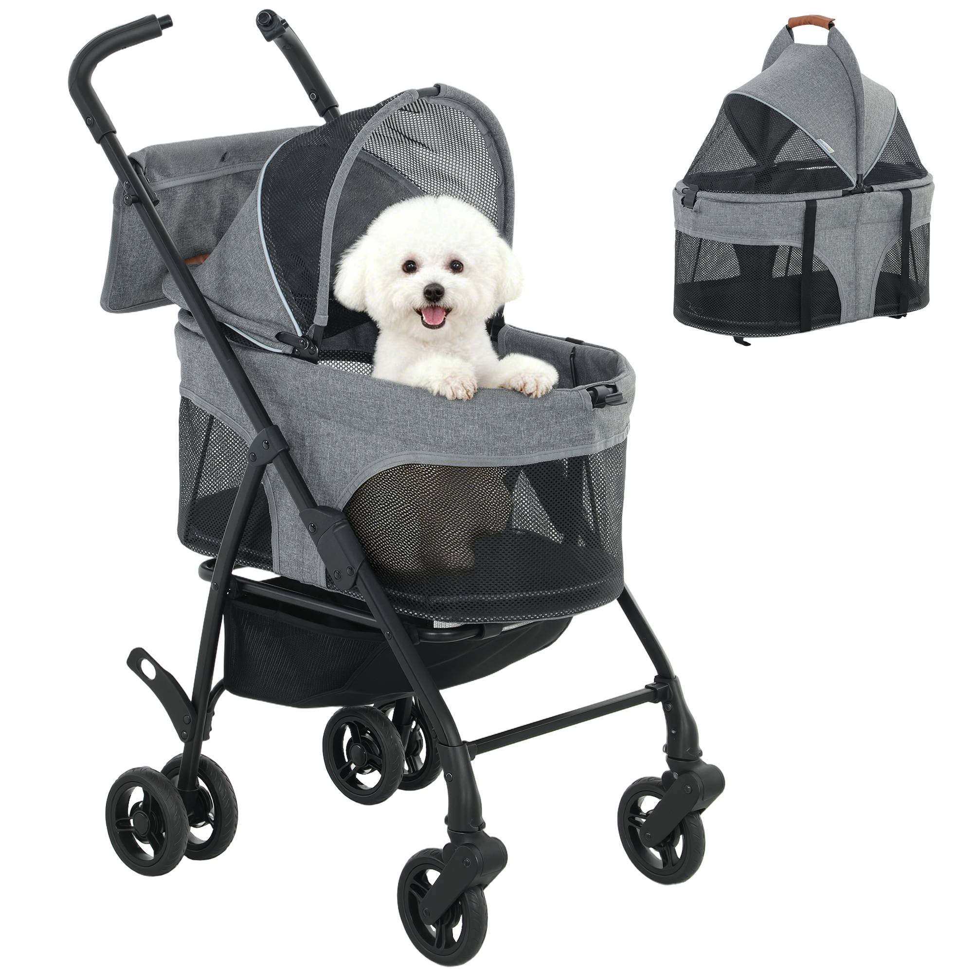 Poussette pour Chien Pousse-Chien 3 en 1 Détachable Pliable Nacelle Amovible et Sans Fermeture Éclair Suspension Gris - Image 1