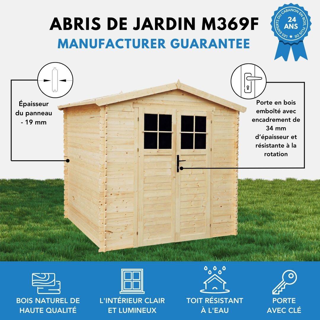 Timbela - Abri de jardin en bois I236xL226xH218 cm/ 4,33 m² avec sol traité et porte verrouillable de haute qualité - 19 mm d’épaisseur - Timbela M369F+M369G - Imagen 8