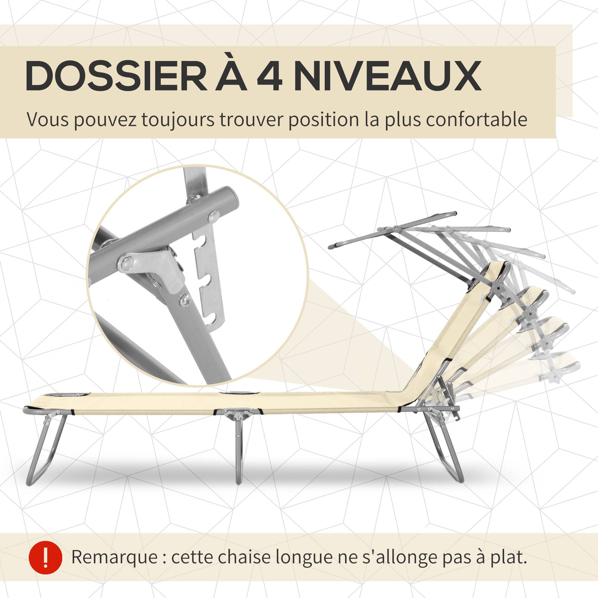 Transat Bain de Soleil Pliable Chaise Longue Pliante inclinable - 187x58x36cm Métal Beige fr572 - Image 6