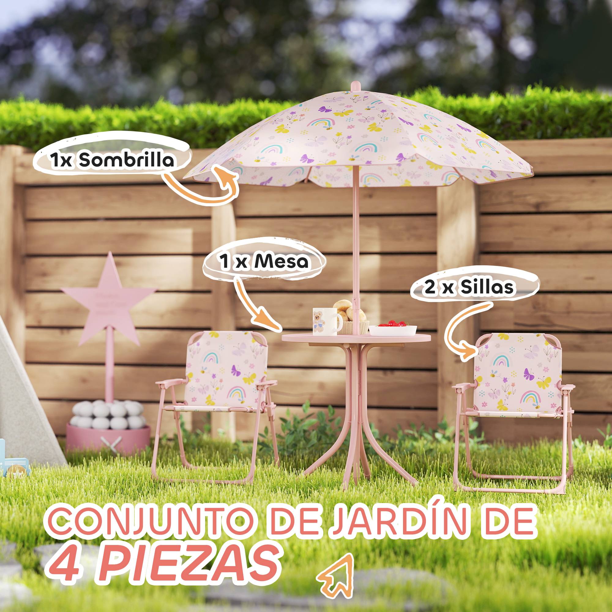Ensemble de jardin pliable pour enfants avec 2 chaises, une table et un parasol réglable pour les enfants de 2 à 5 ans, rose - Image 6