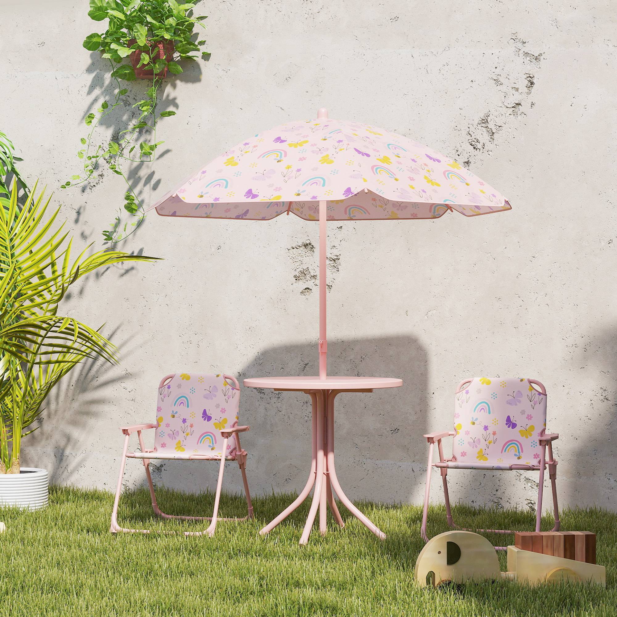 Ensemble de jardin pliable pour enfants avec 2 chaises, une table et un parasol réglable pour les enfants de 2 à 5 ans, rose - Image 4
