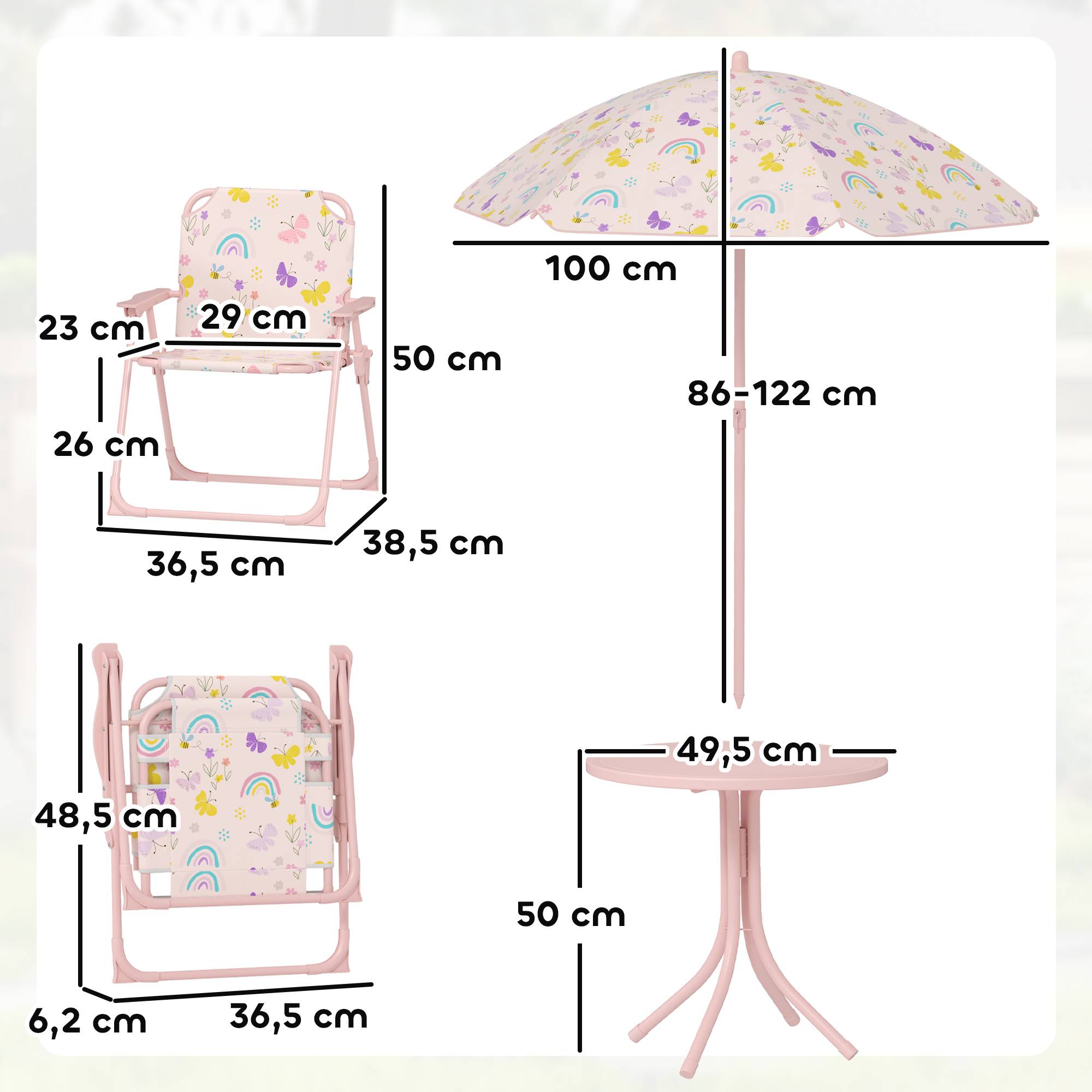 Ensemble de jardin pliable pour enfants avec 2 chaises, une table et un parasol réglable pour les enfants de 2 à 5 ans, rose - Image 5