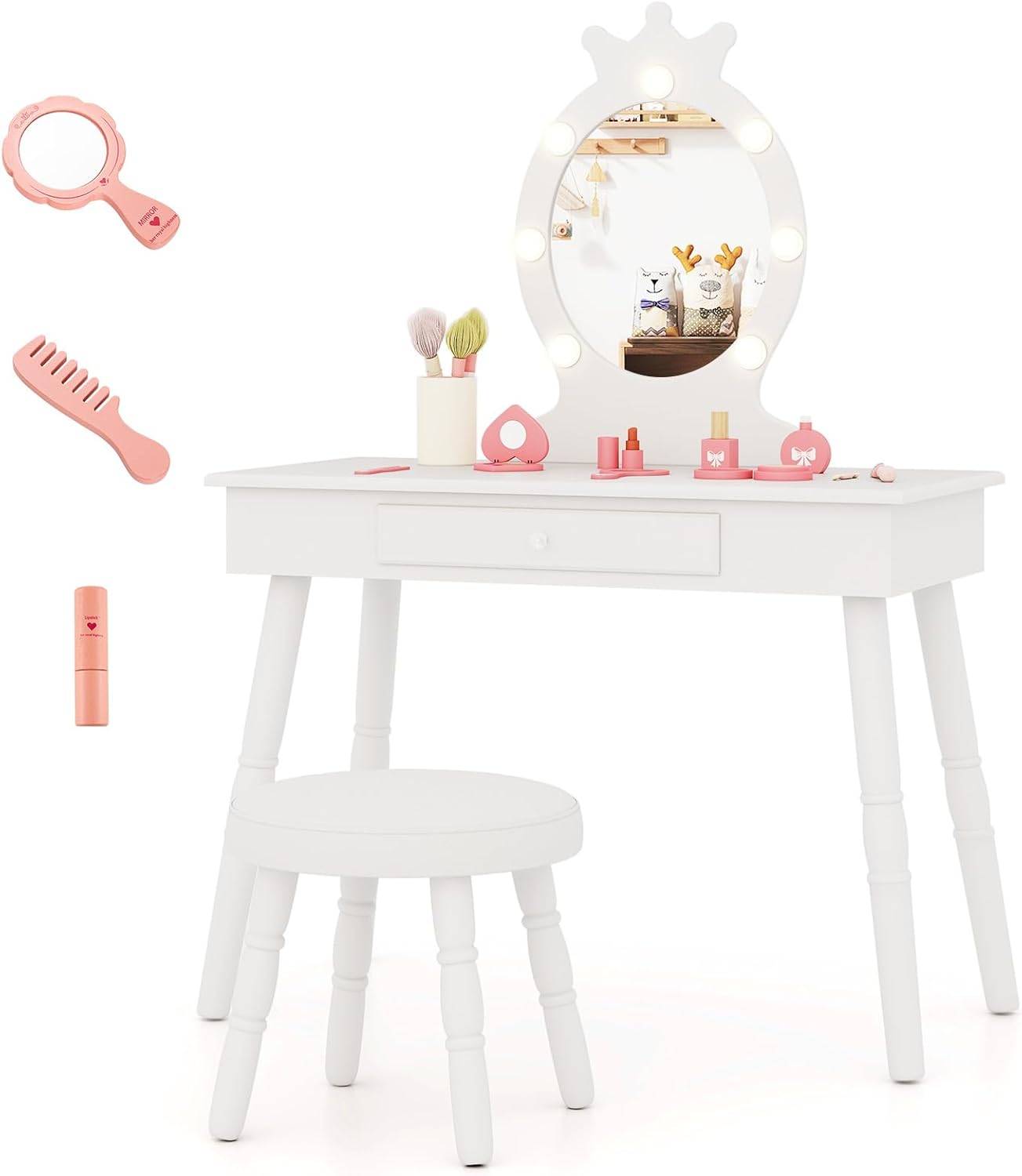 Coiffeuse Enfant Fille Avec Chaise Et Miroir Lumineux LED - Bureau Avec Rangement Et Anti-basculement