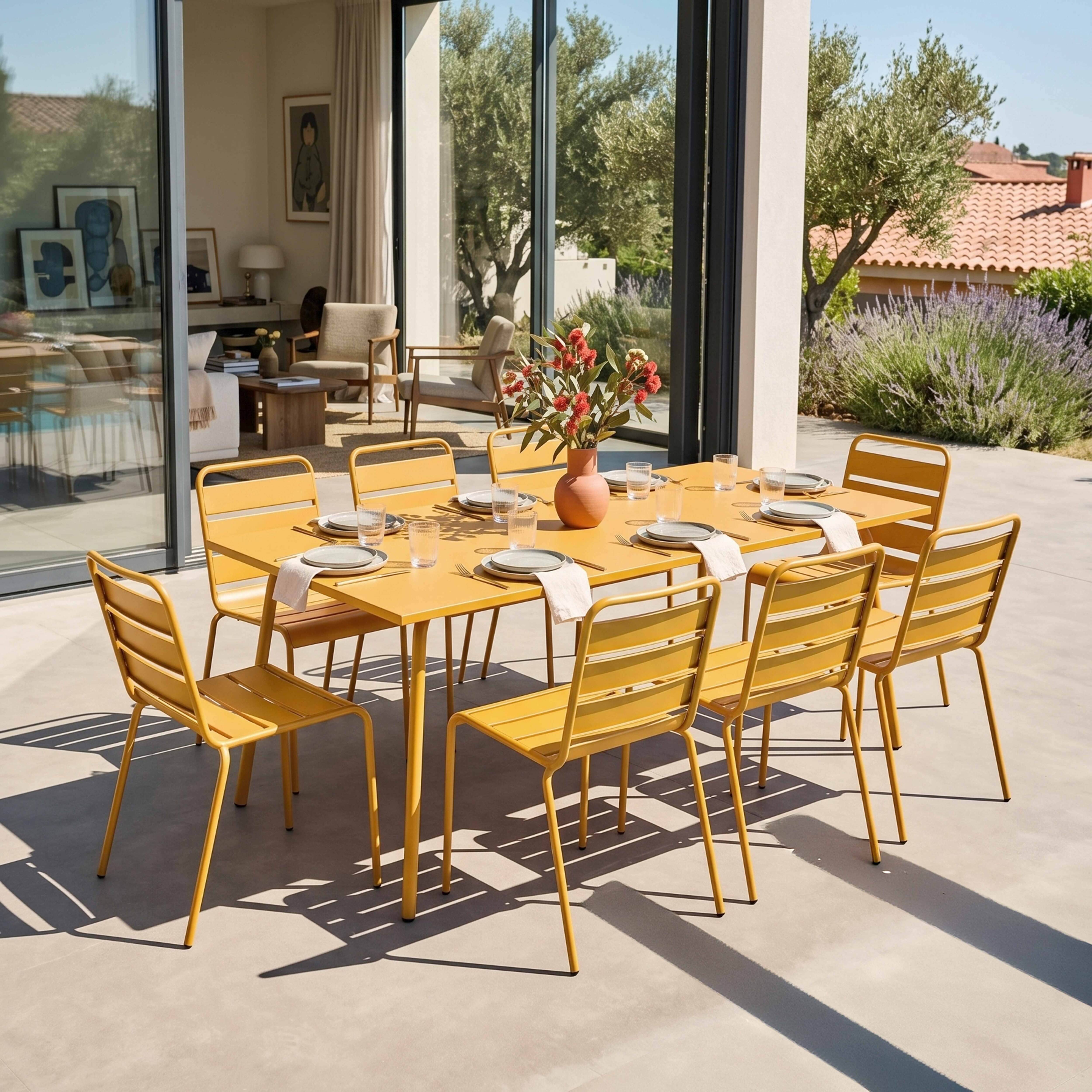 Oviala - Ensemble table de jardin et 8 chaises en métal jaune Palavas - Oviala - Imagen 2