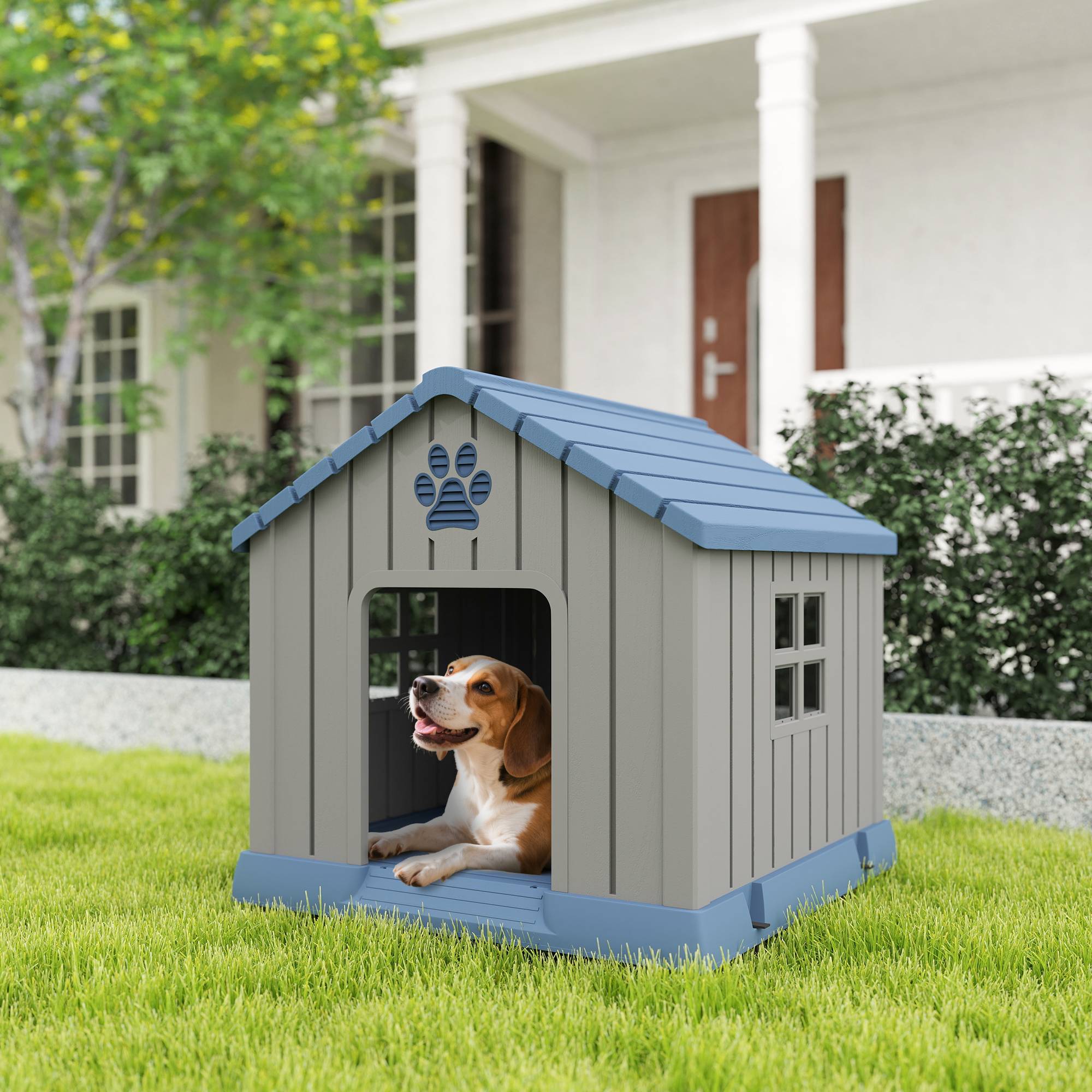 Niche chien extérieur plastique résistant taille moyenne plancher surélevé 85x79cm gris - ComfortXL Outdoor Living - Image 4
