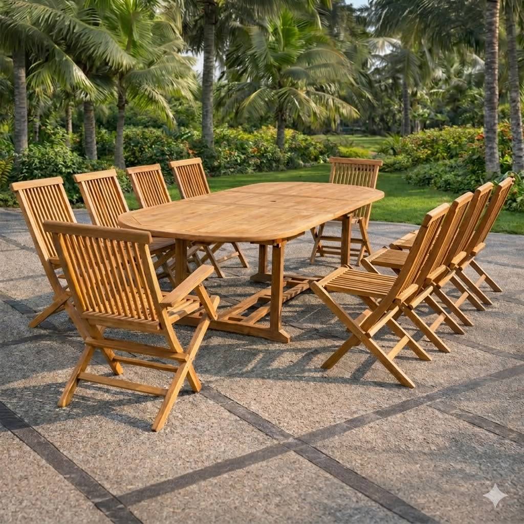 Salon de jardin Teck 12 places Table ovale 8 chaises 2 fauteuils KAJANG - Image 1