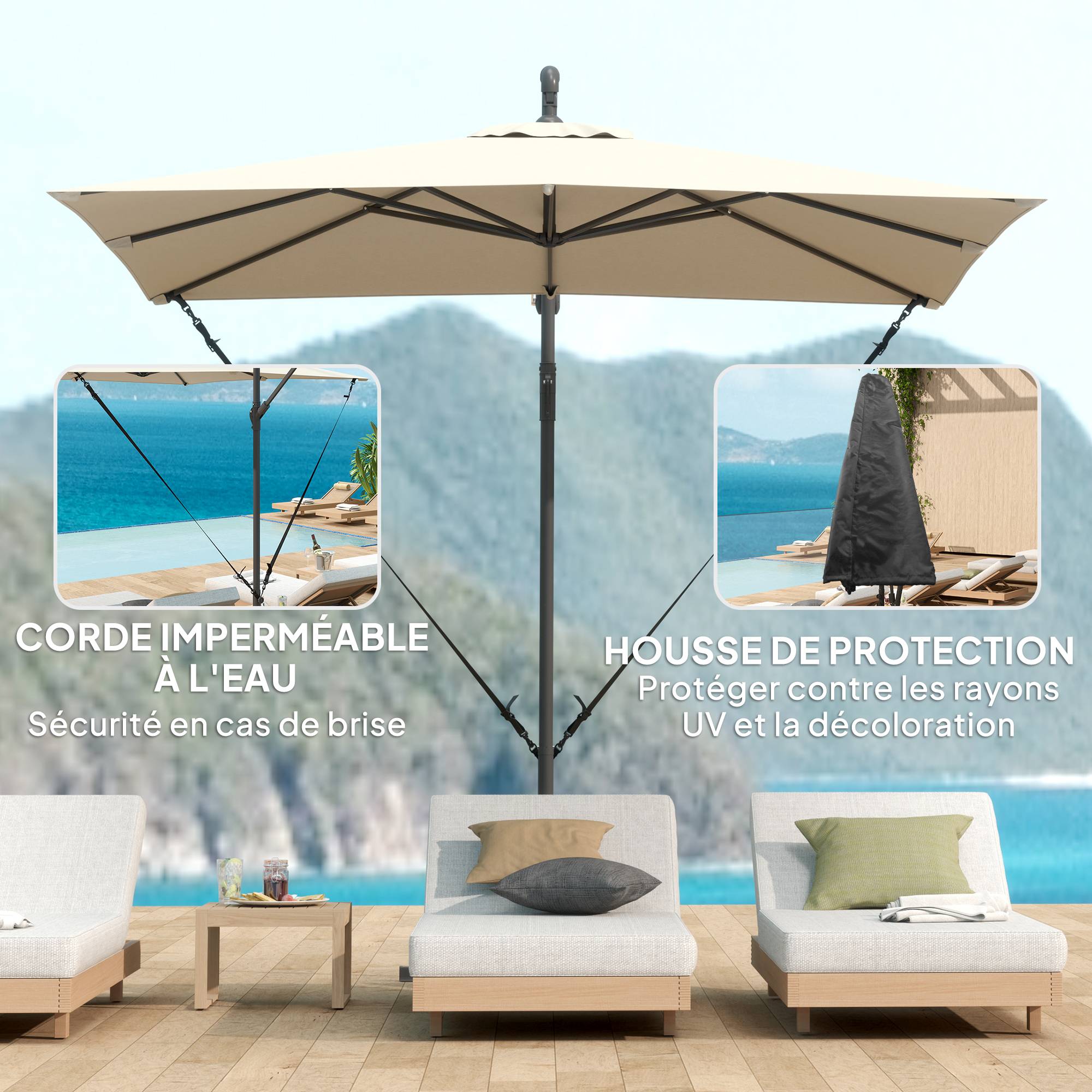 Parasol déporté parasol de jardin extérieur Toile ajustable 8 baleines - 247x247x256cm Métal Kaki fr331 - Image 6