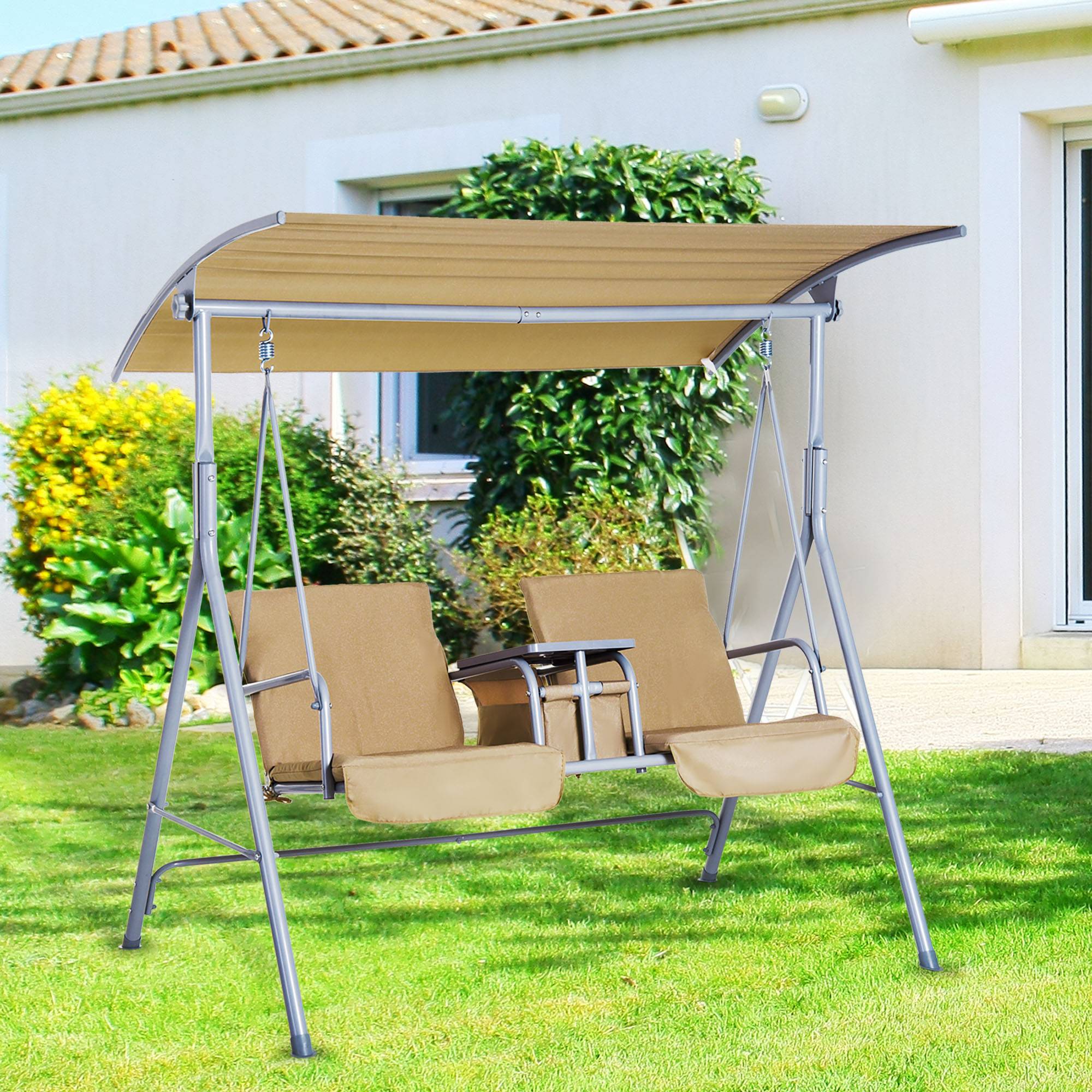 Outsunny - Balancelle design de jardin 2 places inclinaison toit réglable tablette rétractable rangement acier gris clair beige - Outsunny - Imagen 2