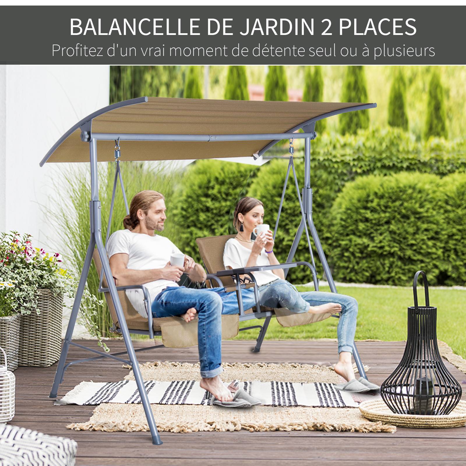 Outsunny - Balancelle design de jardin 2 places inclinaison toit réglable tablette rétractable rangement acier gris clair beige - Outsunny - Imagen 4
