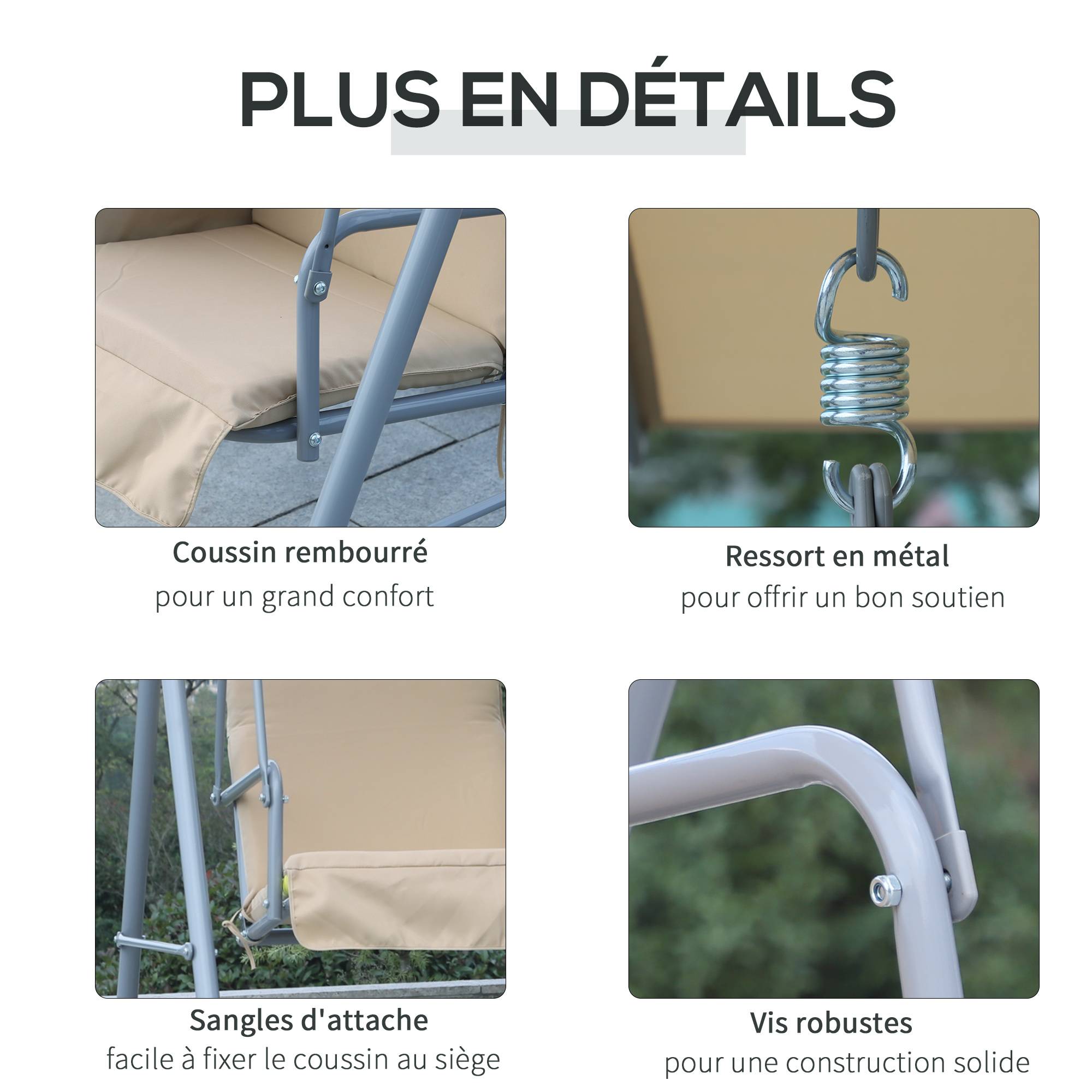 Outsunny - Balancelle design de jardin 2 places inclinaison toit réglable tablette rétractable rangement acier gris clair beige - Outsunny - Imagen 6