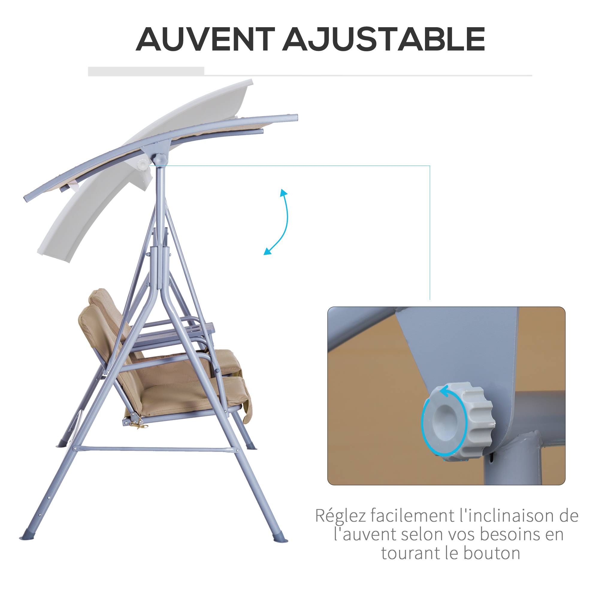 Outsunny - Balancelle design de jardin 2 places inclinaison toit réglable tablette rétractable rangement acier gris clair beige - Outsunny - Imagen 5