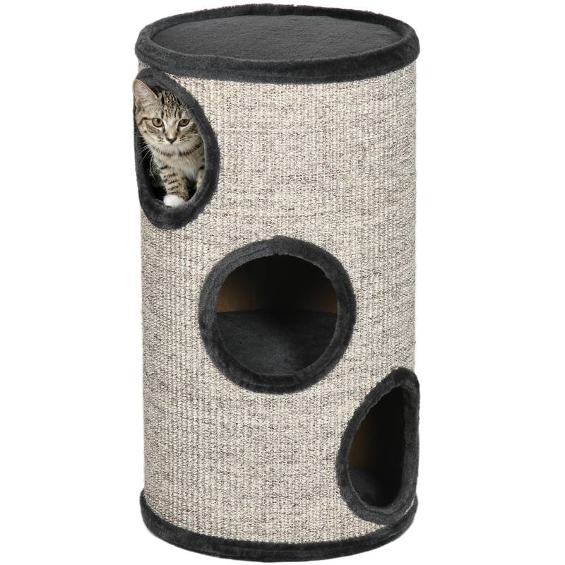 Tonne à griffer intérieur 3 niveaux 38 x 38 x 70 cm sisal peluche gris - PANGIVO - Image 1