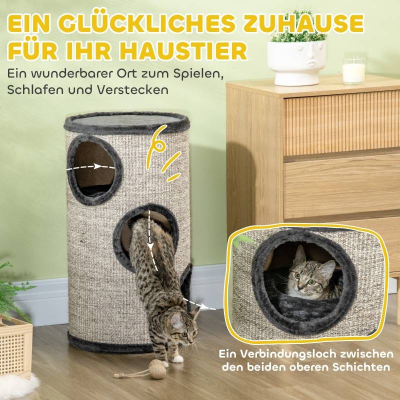 Tonne à griffer intérieur 3 niveaux 38 x 38 x 70 cm sisal peluche gris - PANGIVO - Image 4