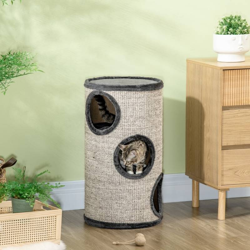 Tonne à griffer intérieur 3 niveaux 38 x 38 x 70 cm sisal peluche gris - PANGIVO - Image 2