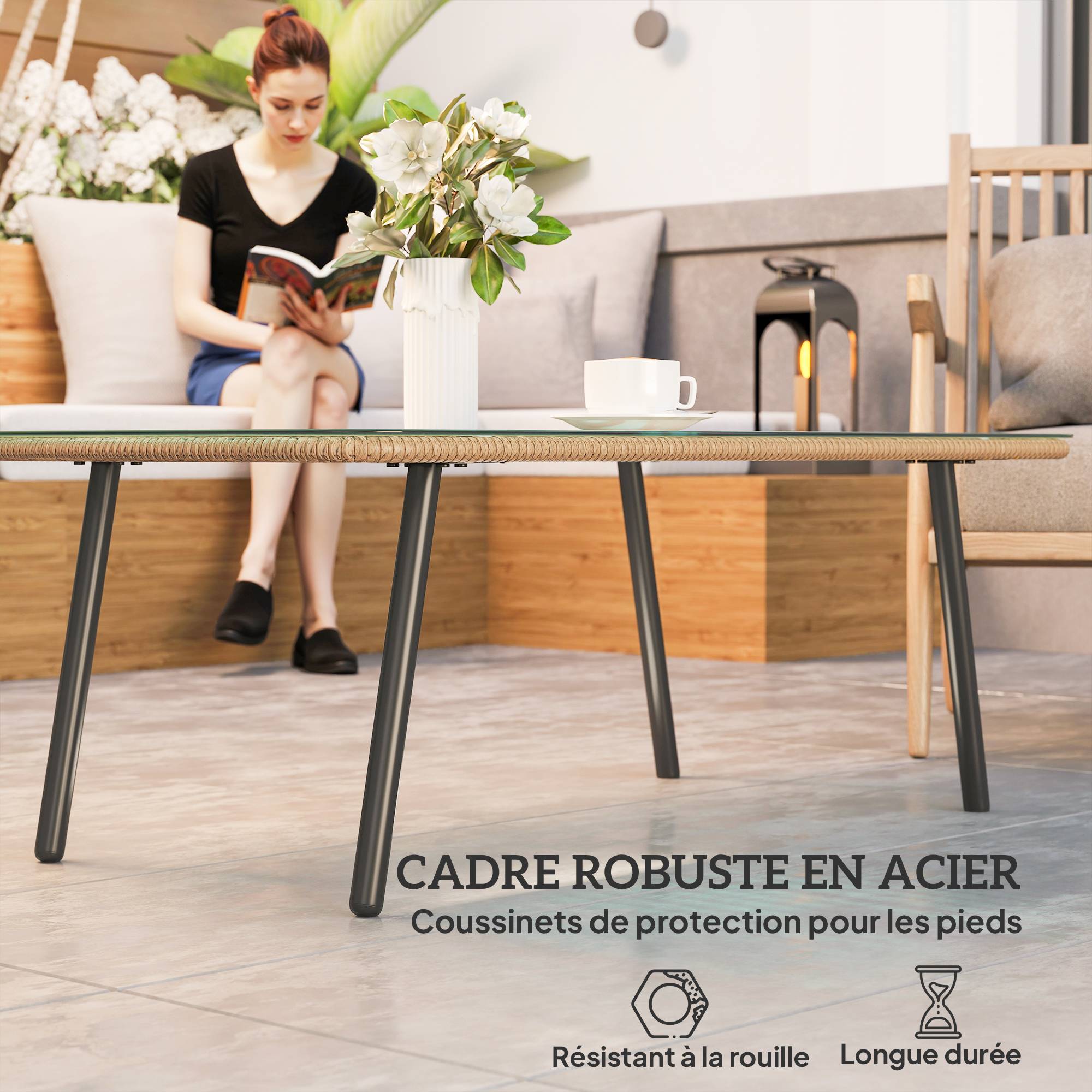 Table basse de jardin résine tressée effet bois naturel 110 x 60 x 40 cm - PANGIVO - Image 8