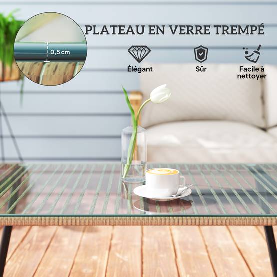 Table basse de jardin résine tressée effet bois naturel 110 x 60 x 40 cm - PANGIVO - Image 7