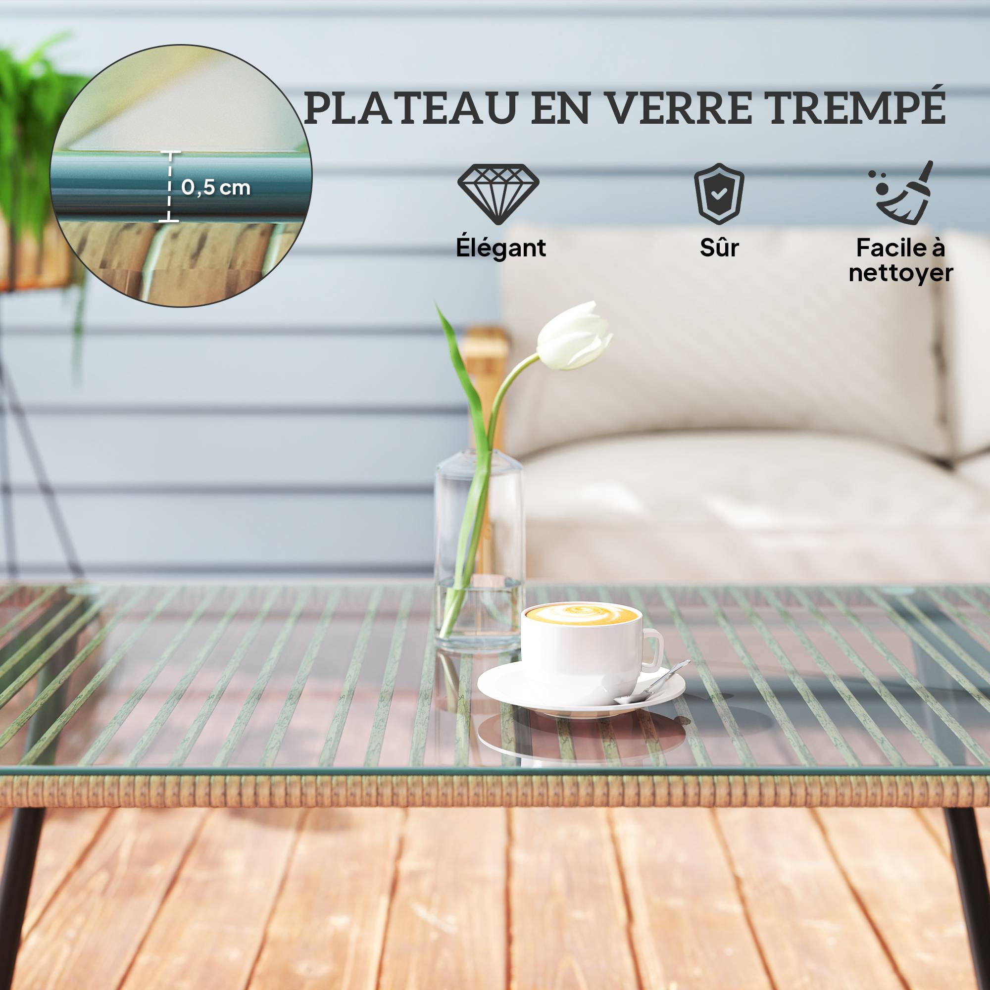 Table basse de jardin résine tressée effet bois naturel 110 x 60 x 40 cm - PANGIVO - Image 7