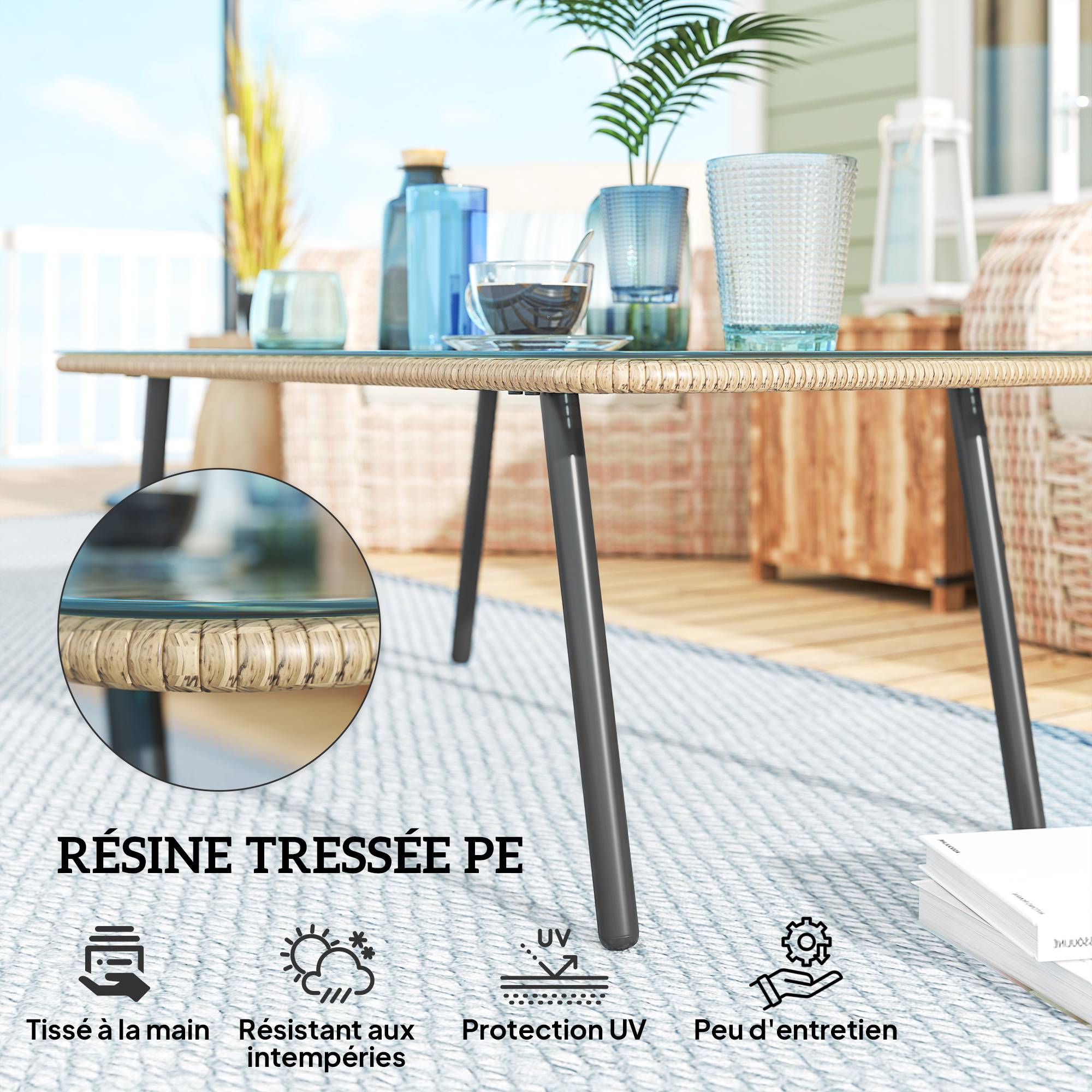 Table basse de jardin résine tressée effet bois naturel 110 x 60 x 40 cm - PANGIVO - Image 6