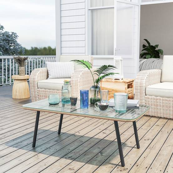 Table basse de jardin résine tressée effet bois naturel 110 x 60 x 40 cm - PANGIVO - Image 9