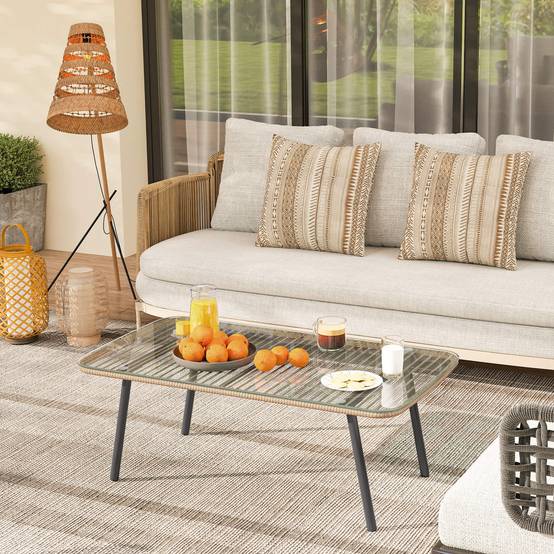 Table basse de jardin résine tressée effet bois naturel 110 x 60 x 40 cm - PANGIVO - Image 3