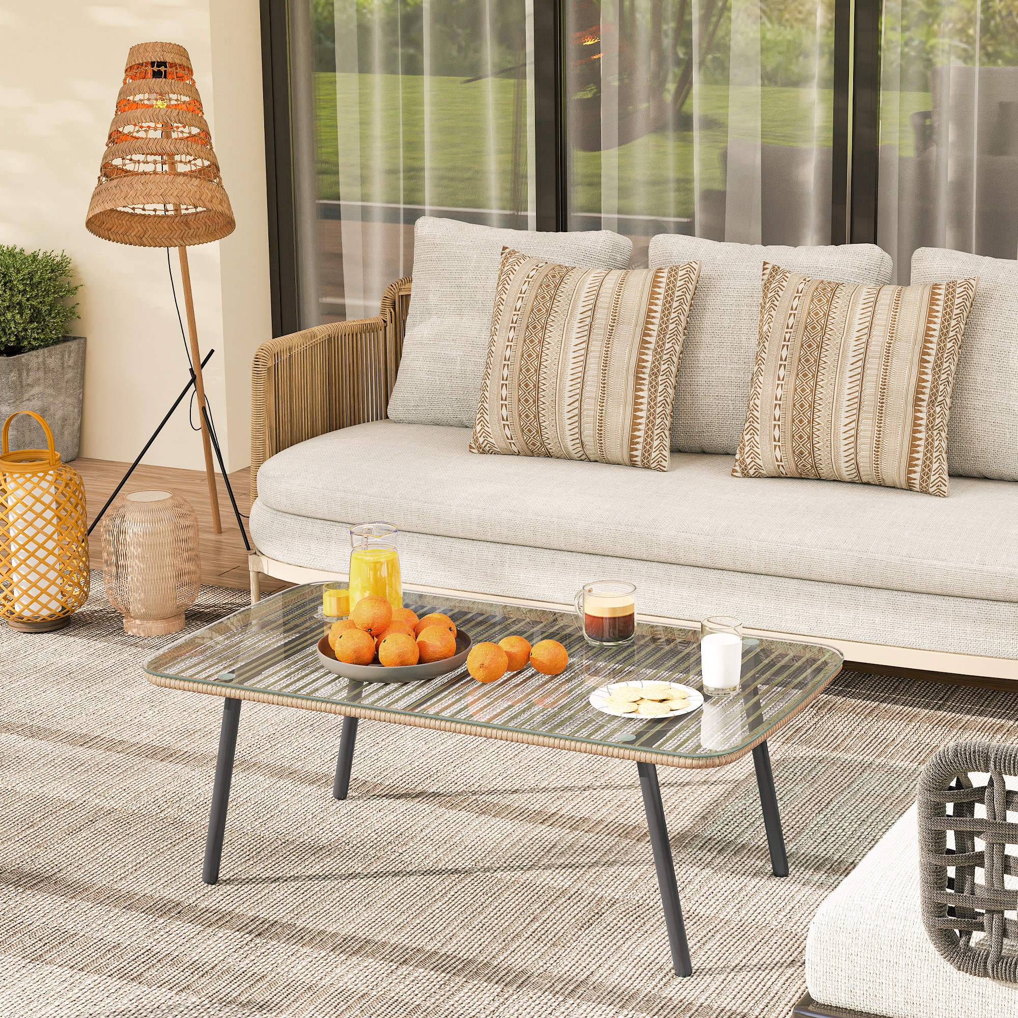 Table basse de jardin résine tressée effet bois naturel 110 x 60 x 40 cm - PANGIVO - Image 3