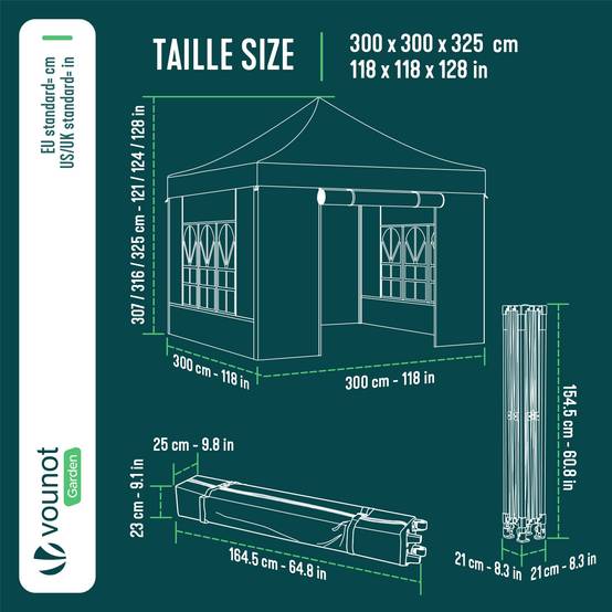 Vounot - Tonnelle de jardin renforcée 3x3m pliable Barnum avec 4 parois - sac de transport à roulettes et sacs de sable - Gris - VOUNOT® - Image 3