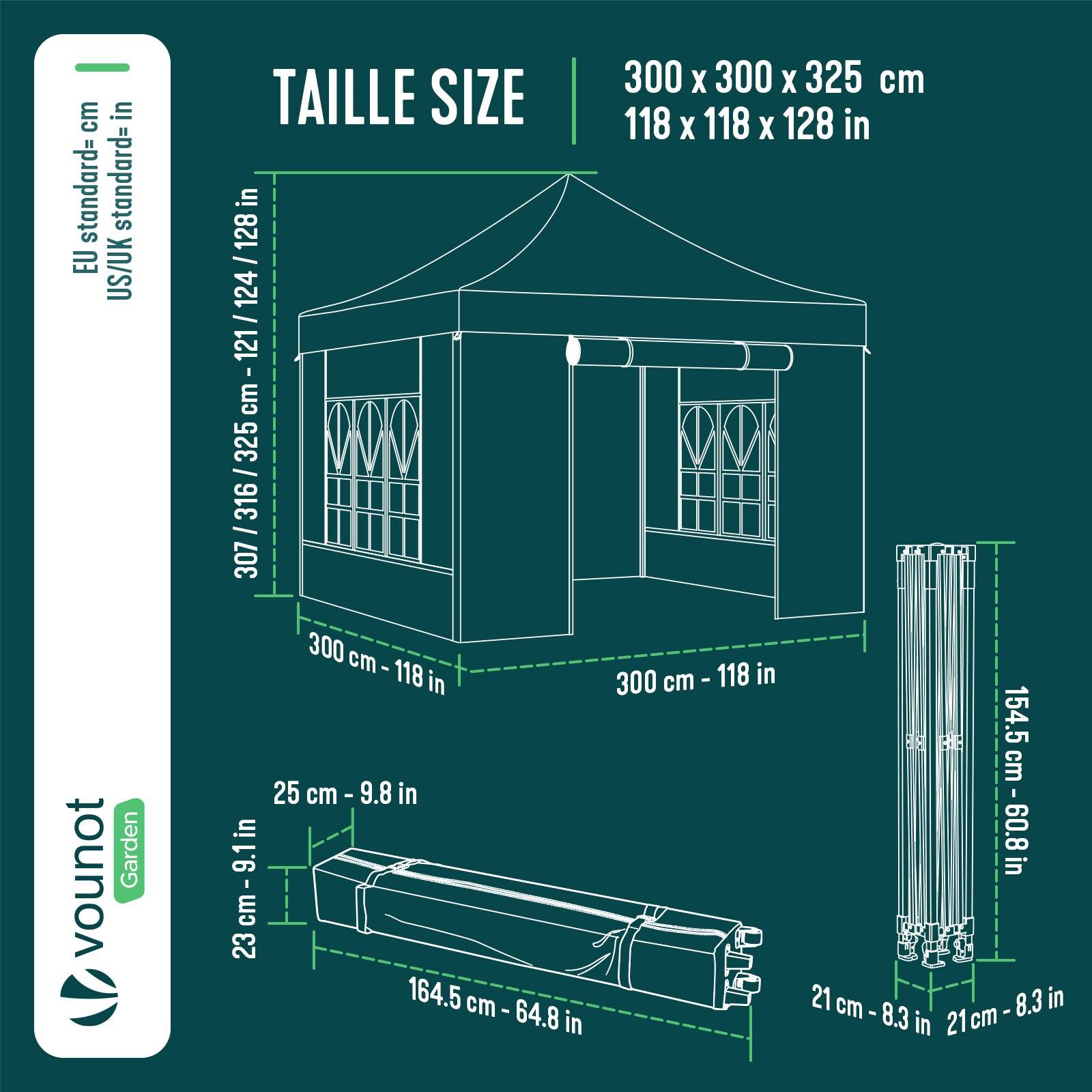 Vounot - Tonnelle de jardin renforcée 3x3m pliable Barnum avec 4 parois - sac de transport à roulettes et sacs de sable - Gris - VOUNOT® - Image 3