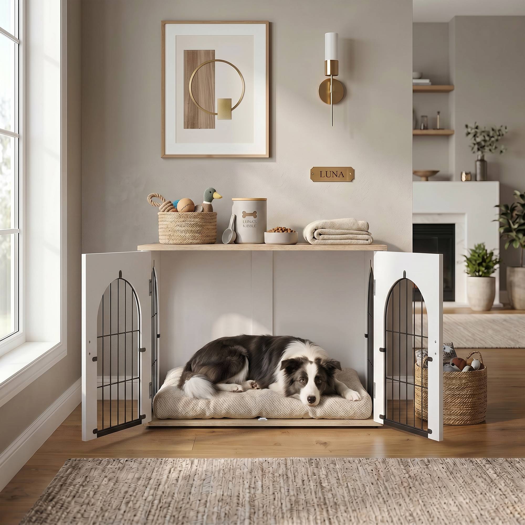 Cage meuble pour chien intérieur arche double porte métal, table d'appoint, 80x56x59cm, blanc - Image 10