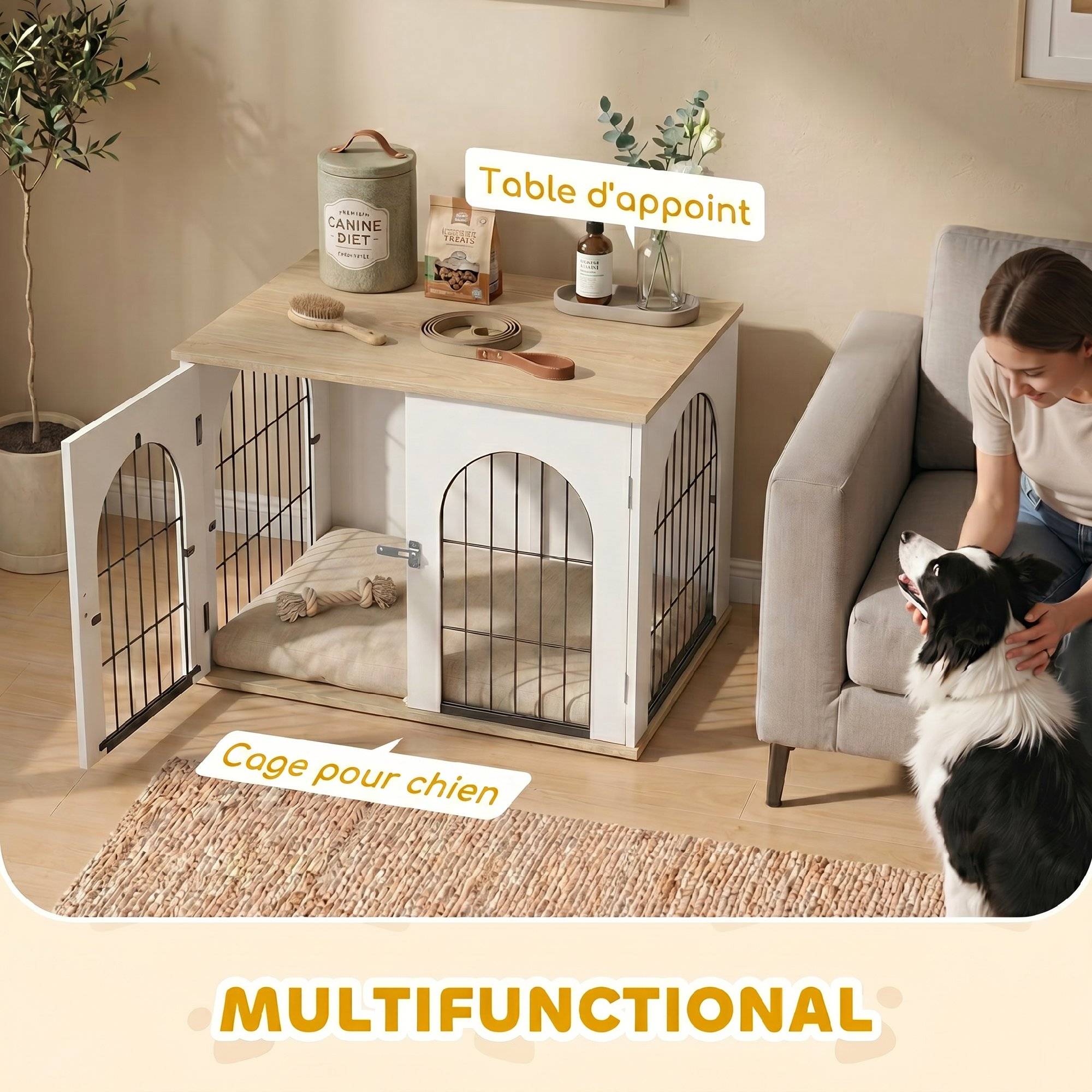 Cage meuble pour chien intérieur arche double porte métal, table d'appoint, 80x56x59cm, blanc - Image 6