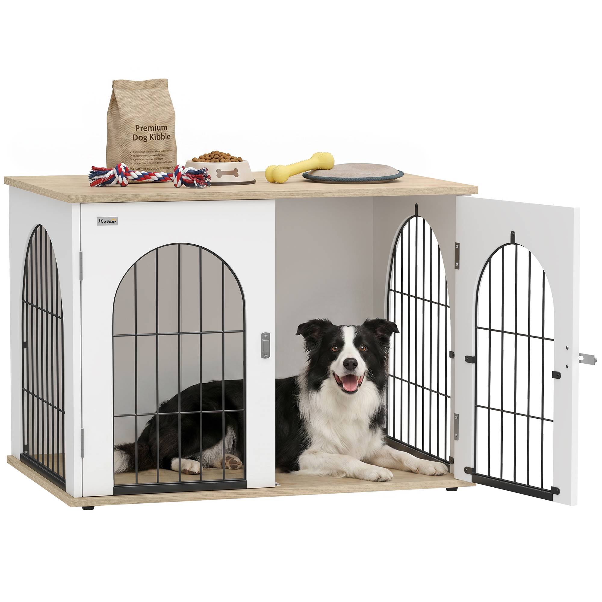 Cage meuble pour chien intérieur arche double porte métal, table d'appoint, 80x56x59cm, blanc - Image 1