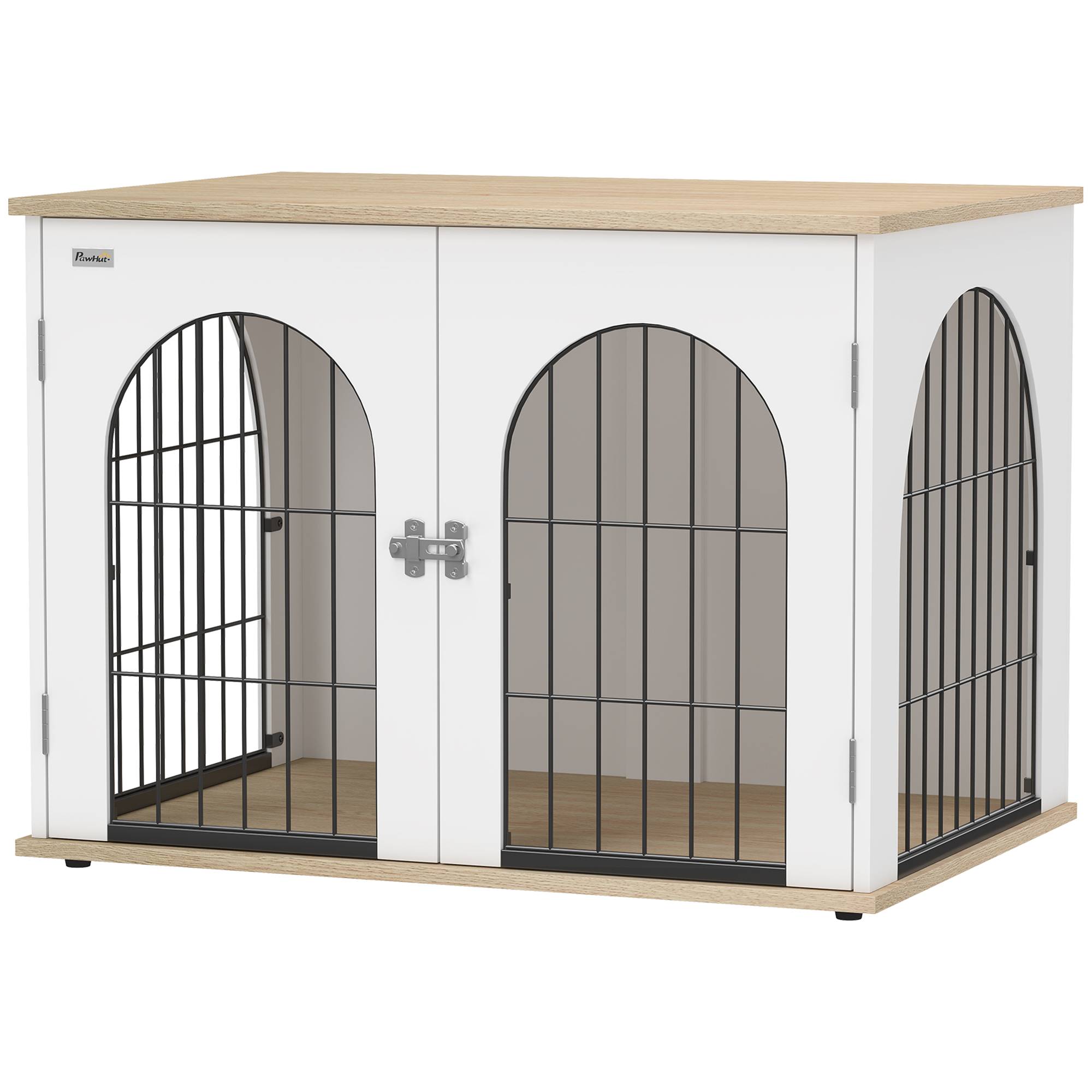 Cage meuble pour chien intérieur arche double porte métal, table d'appoint, 80x56x59cm, blanc - Image 2