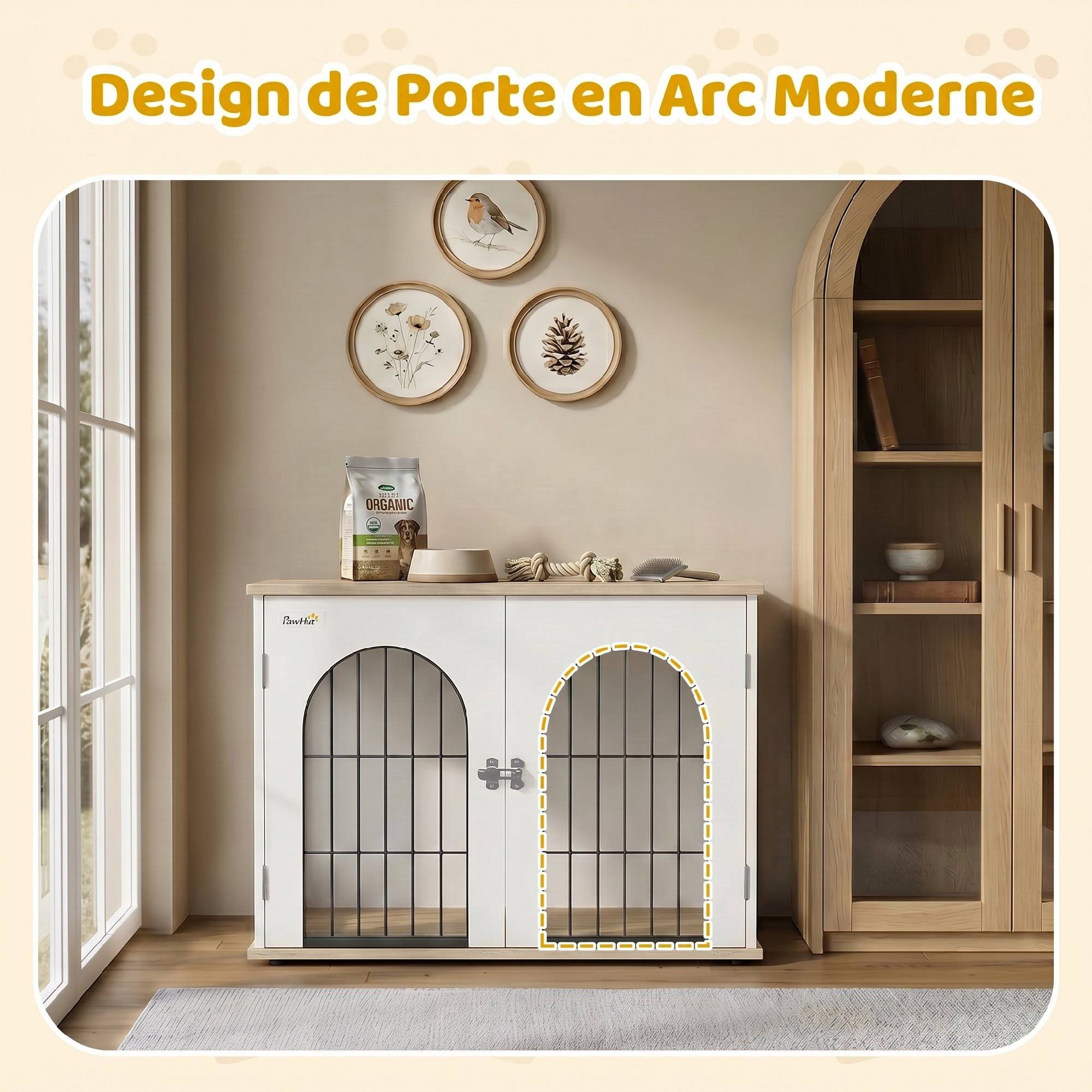 Cage meuble pour chien intérieur arche double porte métal, table d'appoint, 80x56x59cm, blanc - Image 7