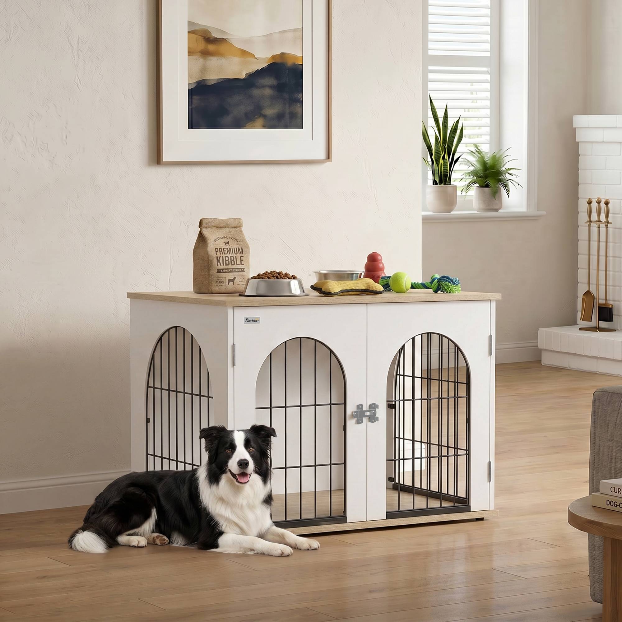 Cage meuble pour chien intérieur arche double porte métal, table d'appoint, 80x56x59cm, blanc - Image 4