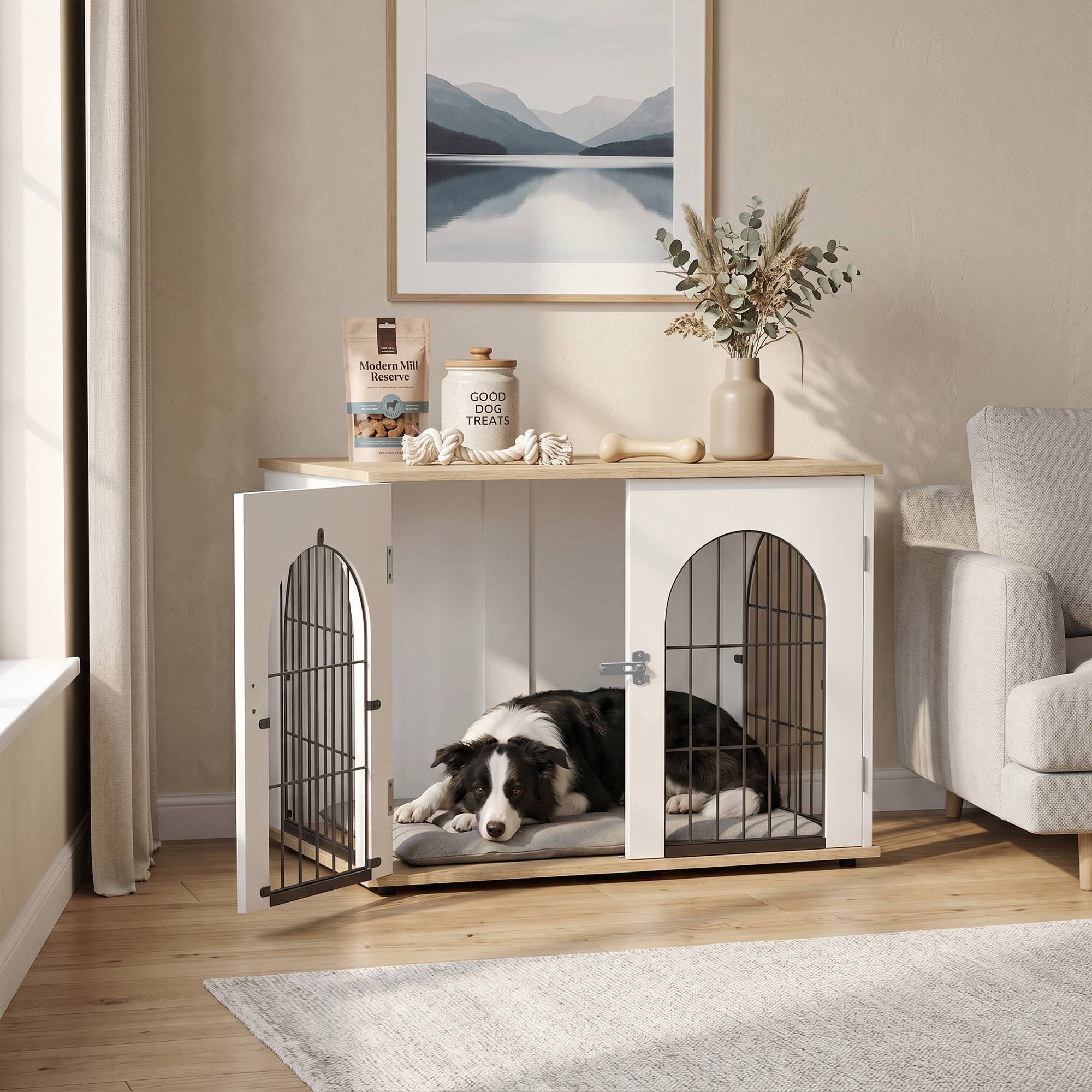 Cage meuble pour chien intérieur arche double porte métal, table d'appoint, 80x56x59cm, blanc - Image 3